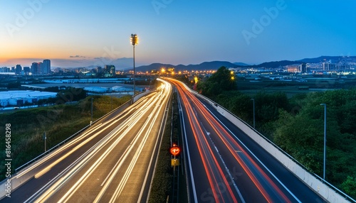 sunset over the river, traffic in the city, traffic on highway at night, traffic at night, perspective sur une autoroute qui entre dans une ville moderne aux heures de pointe avec un trafic routier im
