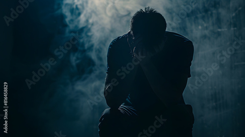 Serious sad man in dark Depressed anxious person suffer from trauma solitude or drug addiction Homeless outcast with shame after mistake Dramatic moody silhouette with melancholy grief : Generative AI