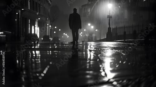 Blurry shadow and silhouette of a man standing in the night on wet city street sidewalk with water reflection in black and white : Generative AI