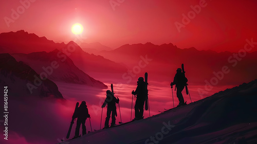 Silhouettes of four skiers on the highest point of the mountain against the background of the mountain peaks in the fog and the red sky : Generative AI