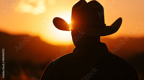 Silhouette of adult man in cowboy hat against mountain and sky during sunset : Generative AI