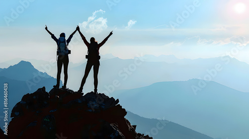Silhouettes of two happy hikers in winner poses with raised arms are standing on mountain top : Generative AI