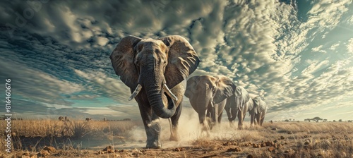A group of elephants walking across the African savannah