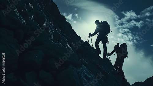 silhouette male and female hikers climbing up mountain cliff helps and team work concept : Generative AI