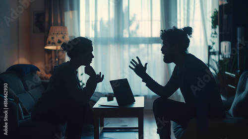 A man and a woman are arguing in the living room near the window A silhouette of a couple arguing over the fact that the man spends too much time on the laptop : Generative AI