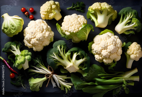 A white cauliflower with cherry tomato on a dark stone background with a vintage feel