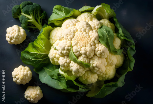 A white cauliflower on a dark stone background with a vintage feel