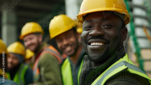 A group of smiling construction workers wearing yellow hard hats and green safety vests
