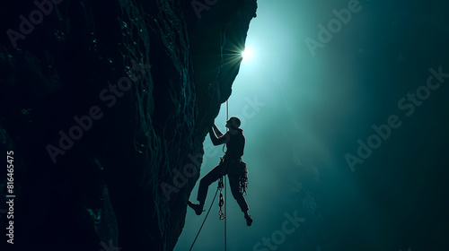 Silhouette of man climbing rock with rope : Generative AI