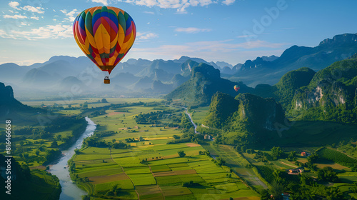 Beautiful image of a hot air balloon flying over a valley in autumn, forest, trees, autumn, hot air balloon, travel, discovery, nature, colorful, sky, daytime, landscape, AI-generated.