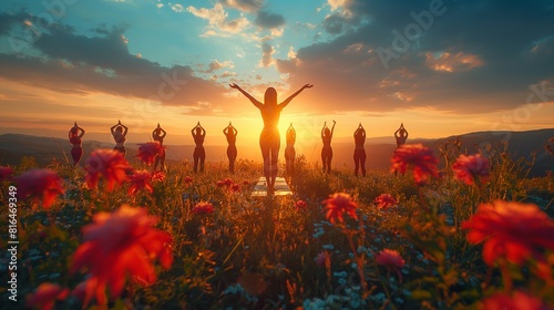 A group of friends doing yoga poses atop a lush green hill, their silhouettes against the backdrop of a vibrant sunset sky