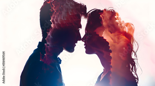 Love of couple young adult man and woman multiple exposure silhouettes : Generative AI