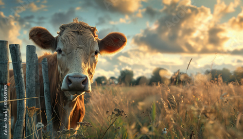 Tranquil cow stands by a fence in a lush field, bathed in the warm, golden light of a setting sun, capturing the essence of cow appreciation day