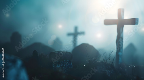 Golgotha Hill Jesus Christ Crucifixion Death and Resurrection from Stone Tomb Bokeh Silhouette : Generative AI
