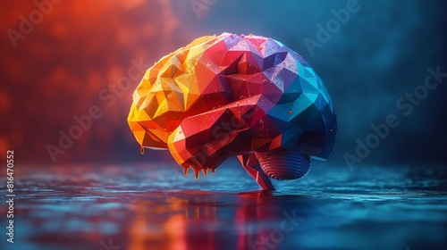A vibrant geometric brain composed of colorful interlocking shapes against a dark background, conveying creativity and intellect