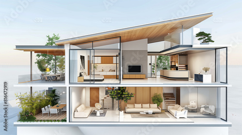  Modern home cross section, 3d rendering