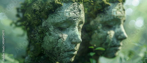 Moss covered statues in a garden, concept of historical decay and beauty, selective focus, old estate garden, ethereal, Double exposure, weathered sculptures