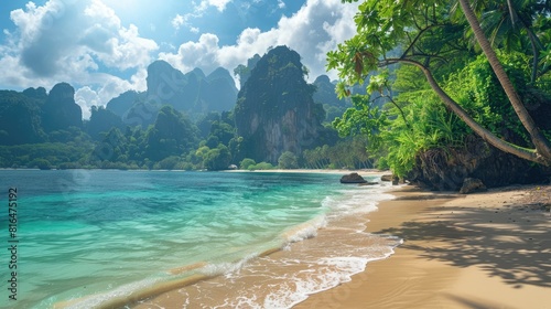 Beach With Mountains on a Tropical Island