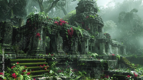 Ancient ruins in a dense jungle, overgrown with vines and surrounded by exotic flora