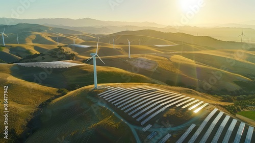 A captivating stock photo featuring solar panels and wind turbines set against a backdrop of rolling hills, conveying the idea of sustainable energy as a catalyst for rural development.