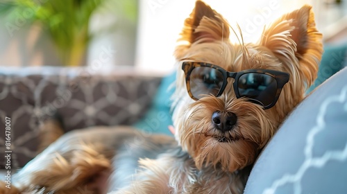 Portrait of a cute yorkshire terreir dog at home wearing sunglasses