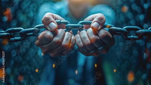Freeing oneself from the shackles of self-deception: the hand breaking through the chains symbolizes liberation from the constraints of one's own self-doubt