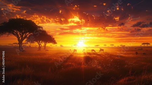 African sunset over a vast savanna, with silhouettes of acacia trees 