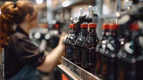 Close-up of a dedicated woman checking the efficiency of the robotic line as it fills bottles with carbonated black juice soft drink for packaging. 