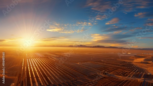 view of a vast solar farm stretching across a desert landscape, 