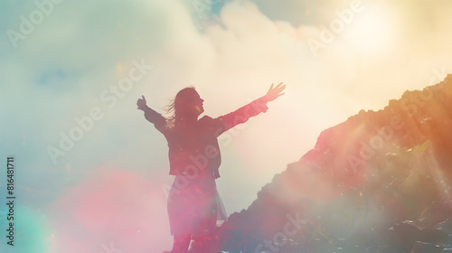 Woman celebrating on a mountain looking up to the sky Letting go of all your mental fears Hope mental strength concept Double exposure : Generative AI