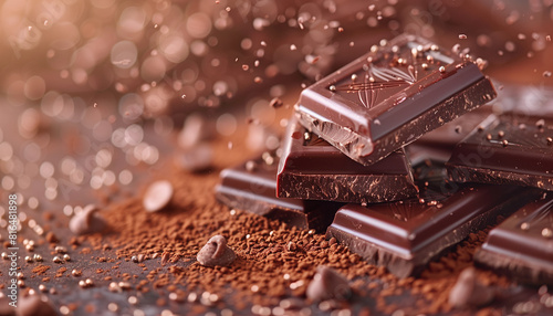 Closeup of decadent dark chocolate bars with a dusting of cocoa and chocolate chips, set against a blurred background in honor of world chocolate day