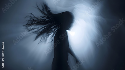 Terrifying blurry ghostly shadow of a man with flowing hair Silhouette of a ghost monster alien creature The concept of fear horror scary hallucination psycho nightmare halloween festi : Generative AI