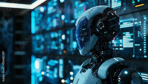 A futuristic robot stands in a hightech command center, its head turned to the side as data and circuits glow against the dark background