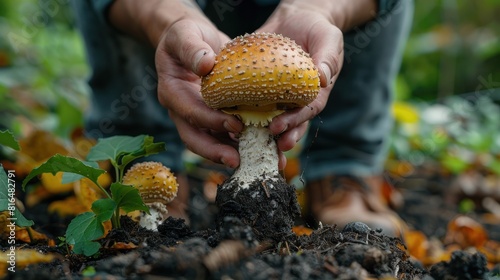 Hand holding a growing mushroom with its roots