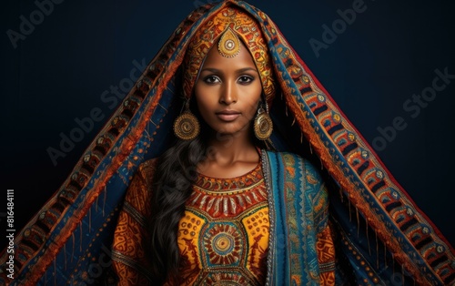 Portrait of a beautiful woman wearing a colorful headscarf. AI.