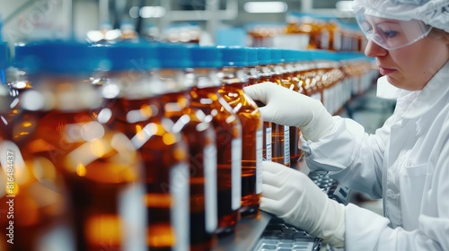 Quality control specialist scrutinizing the labeling accuracy and alignment on bottles in a manufacturing plant. 