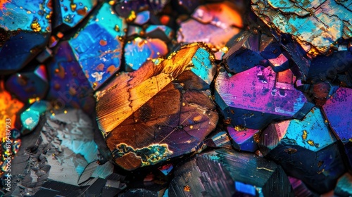 Colorful copper ore under a microscope Chalcopyrite a type of copper sulfide with CuFeS2 formula