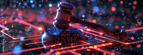 Stylized digital rendering of a judge's gavel in a vibrant, futuristic circuitry landscape with neon lighting