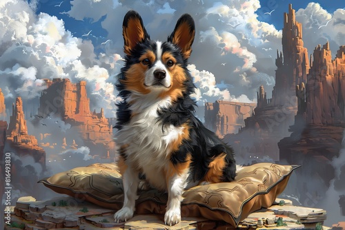 Malevolent Mut Covered in Darkness: Digital Painting of Sinister Dog on Pillows in Desolate Desert