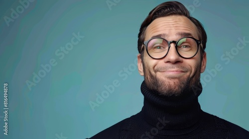  A man in glasses and a turtleneck sweaters gazes up at the camera, wearing a goofy expression