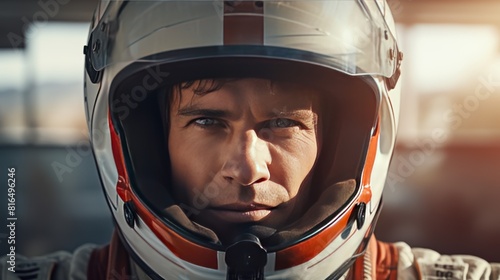 portrait of a male motorsport driver in his racing suit, with a determined expression 