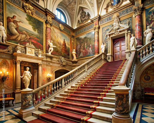 A regal staircase lined with statues and tapestries, epitomizing the grandeur and sophistication of bygone eras.