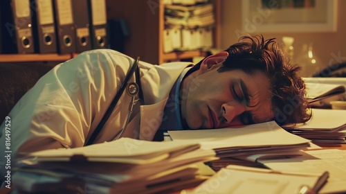 doctor asleep at their desk, their head slumped over a stack of paperwork, 