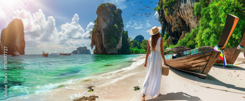 The most beautiful place in Thailand, white sandy beaches with clear blue water and lush greenery of the jungle, traditional longtail boats docked at small cove on beach surrounded by towering cliffs