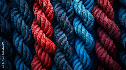 A striking arrangement of nautical ropes in a spectrum of colors, including deep blue and fiery red, coiled and knotted on a shadowed surface, showcasing the ropes texture in a detailed sketch style