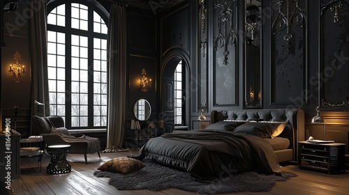 Modern gothic bedroom with dark colors and dramatic decor 