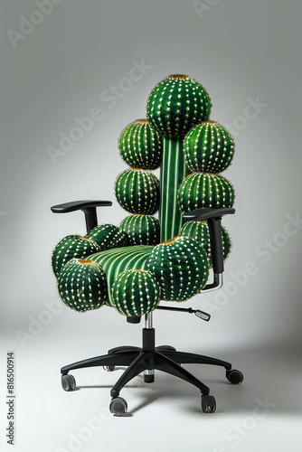 Green prickly cactus in the form of an office chair, isolated background.