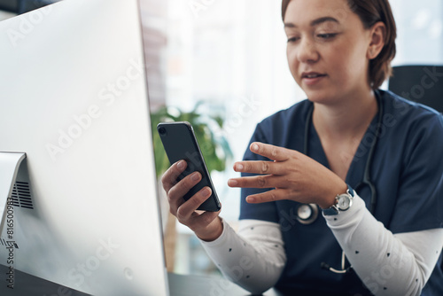 Office, woman and doctor with smartphone, computer and healthcare with research, online news and connection. Person, medical and professional with pc, cellphone and email with digital app or wellness