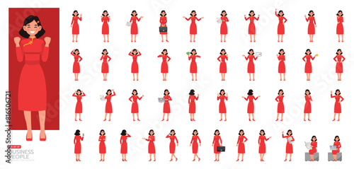 Big Set of businesswoman wear red dress character vector design. Chinese woman working in office planning, thinking and economic analysis illustration. Presentation in various action.