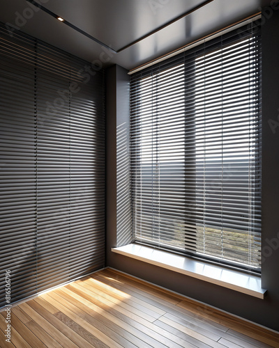 An empty room with dark gray walls and a series of linear blinds partially drawn, allowing slivers of light to filter through.